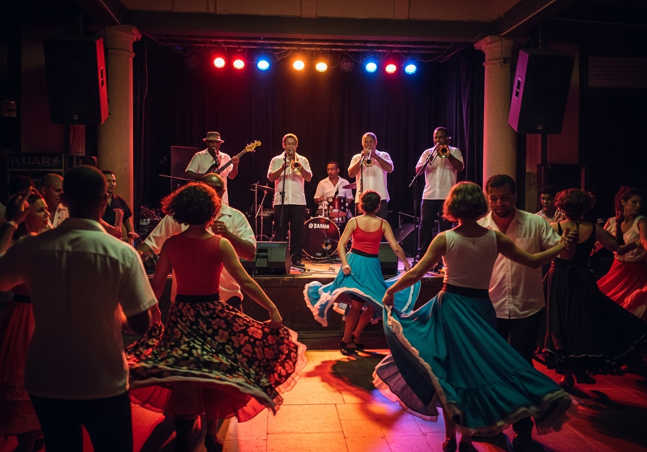 Tanzende Menschen vor einer Live-Salsa-Band in der Casa de la Música in Havanna