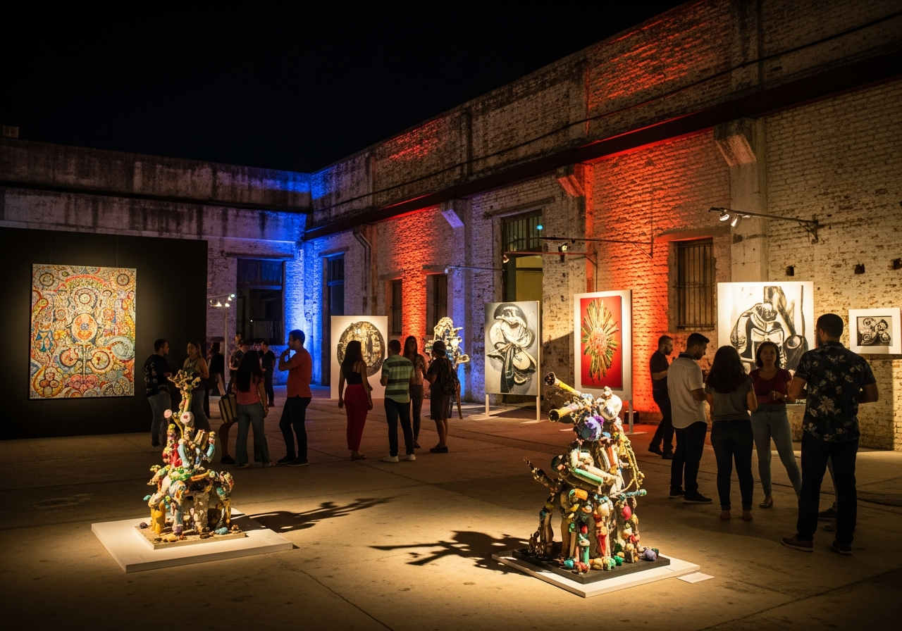 Umgebaute Fabrikhalle mit Kunstinstallationen und Publikum in der Fábrica de Arte Cubano in Havanna