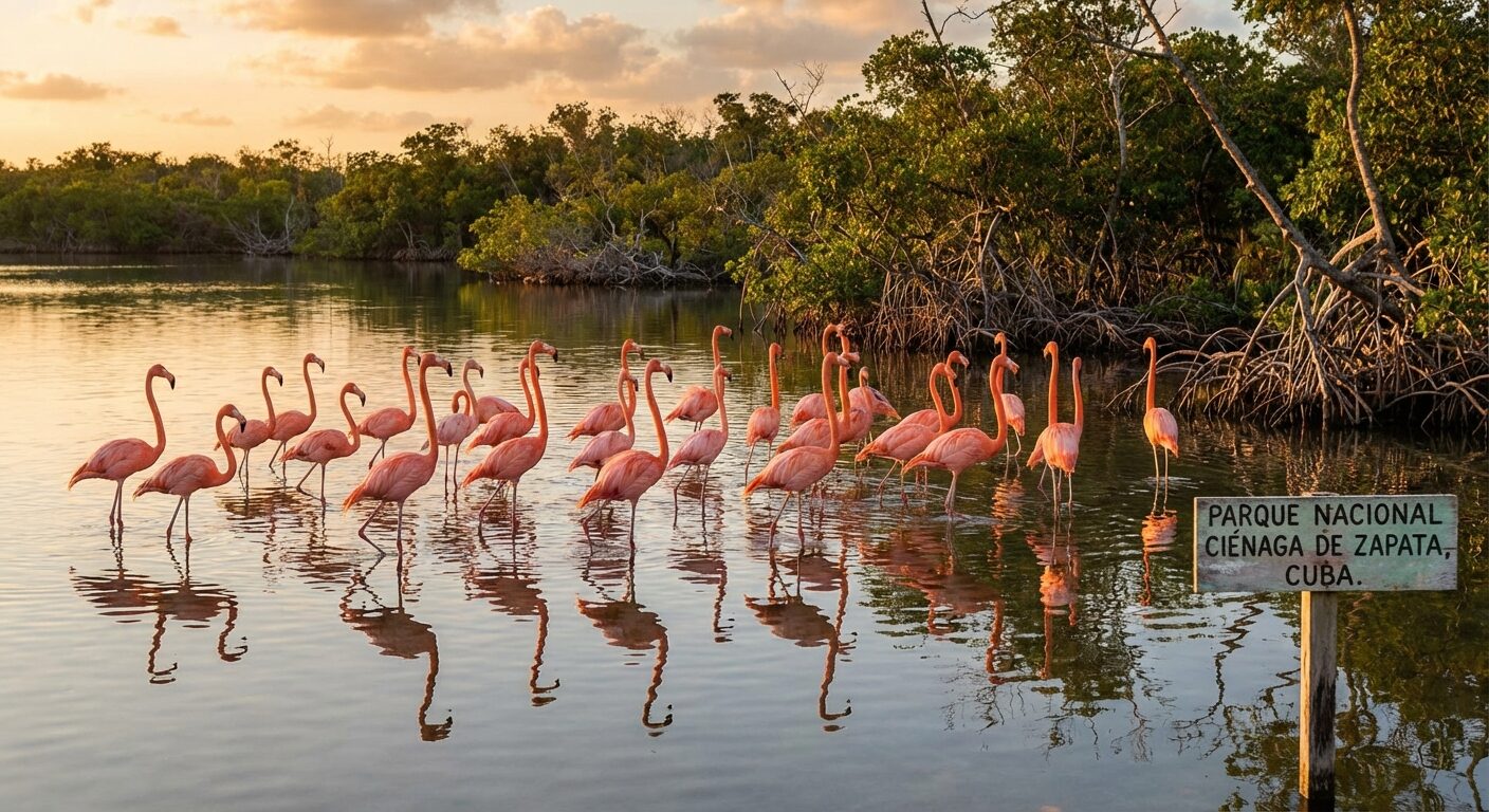Rosa Flamingos in den Mangrovenwäldern von Cayo Guillermo