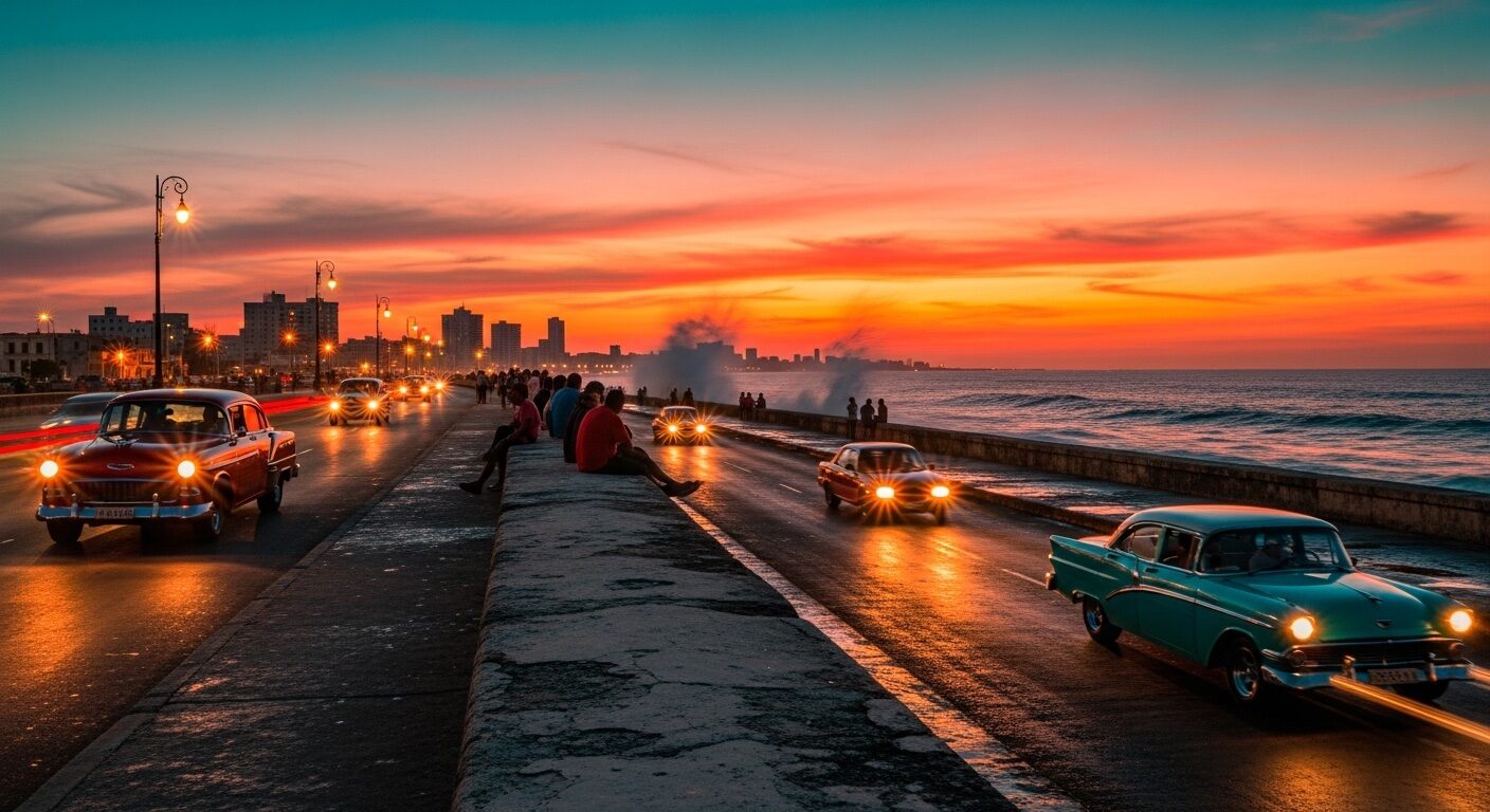 Der Malecón in Havanna bei Sonnenuntergang mit Oldtimern