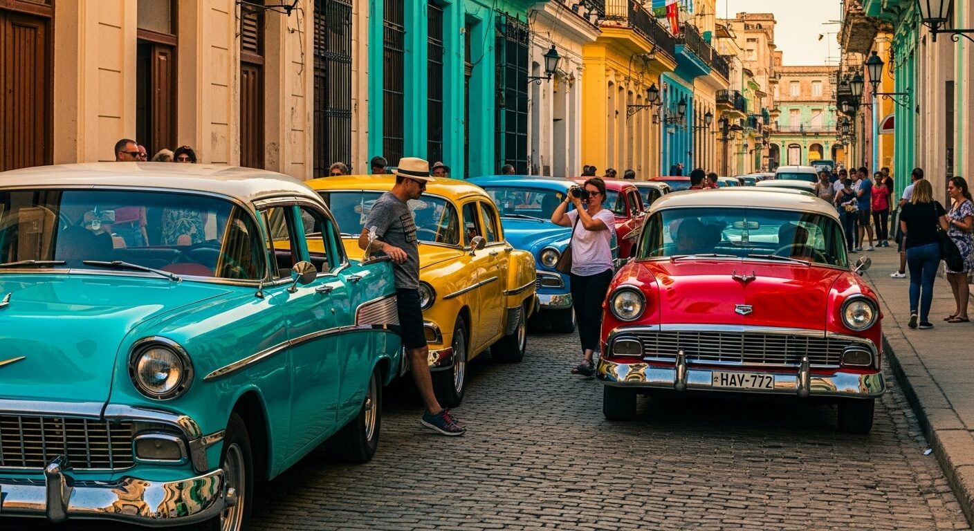 Bunte Oldtimer vor kolonialen Gebäuden in Havanna