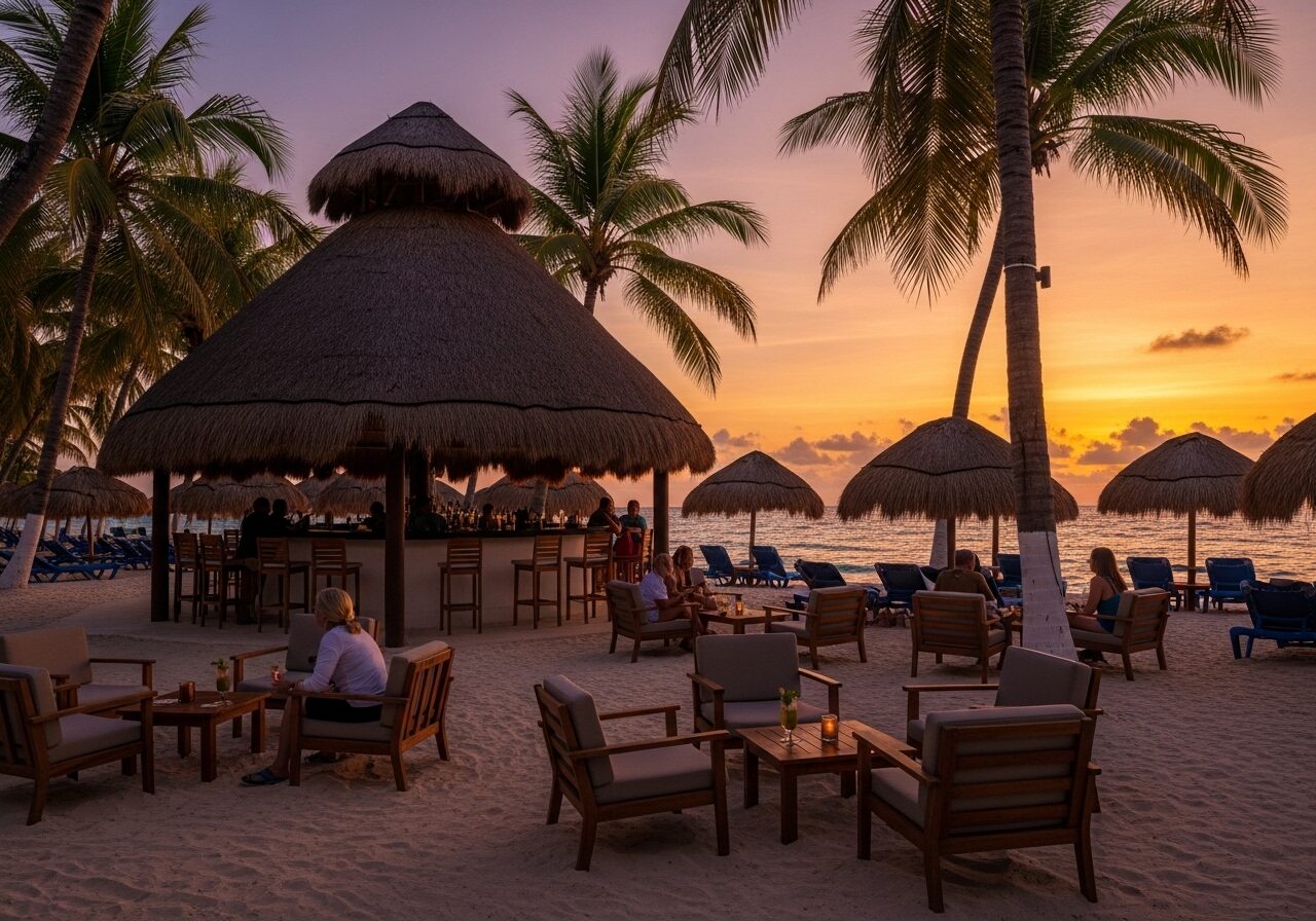 Strandbar mit Cocktails bei Sonnenuntergang