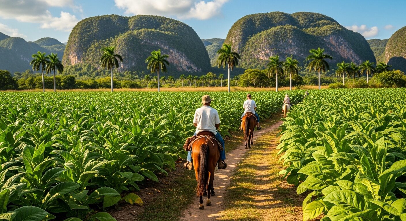 Reiter auf Pferden durch Tabakfelder in Viñales